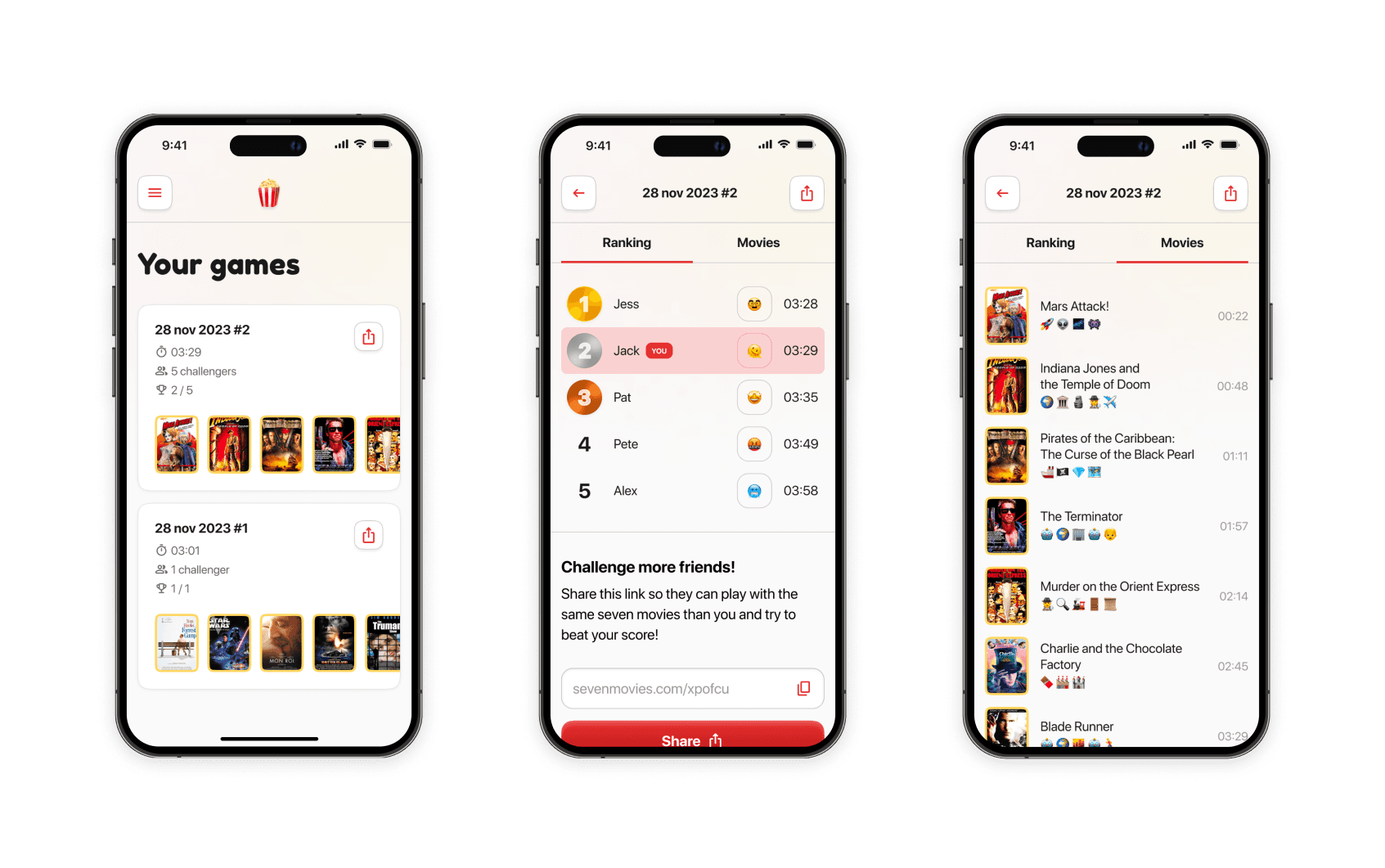 7Movies mobile UI overview showing multiple screens of the game flow