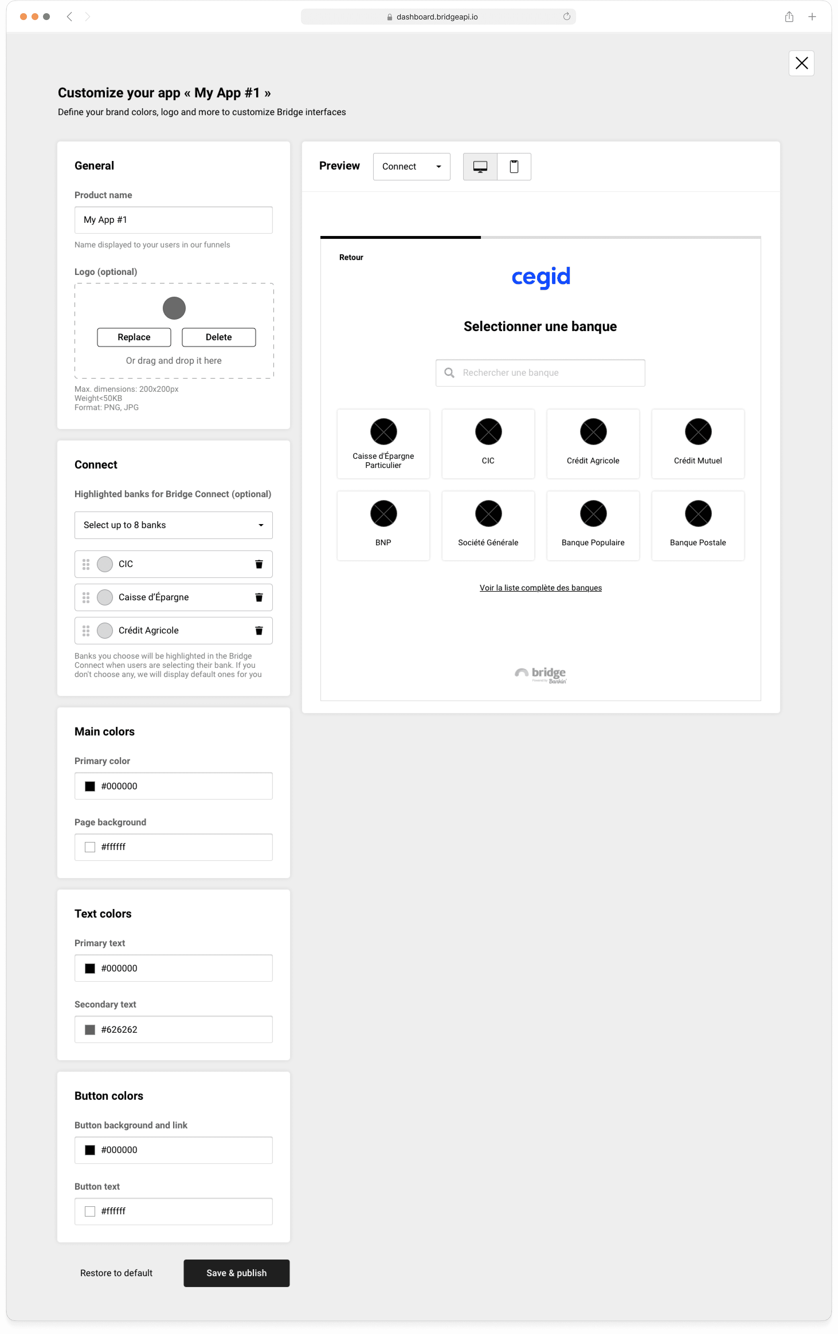 Wireframe of the dashboard customization form for payment UI