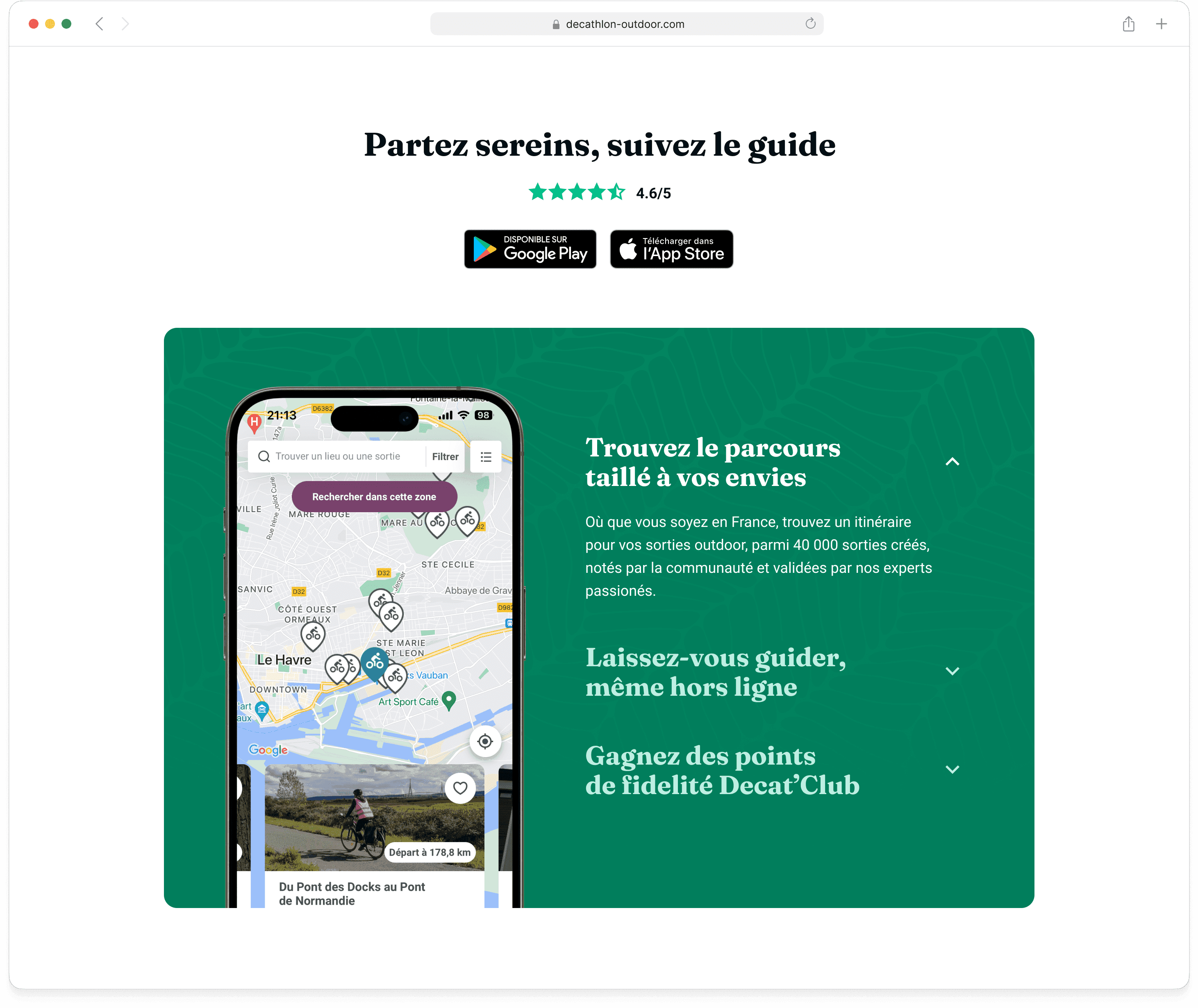 Mobile app download section of the Decathlon Outdoor landing page