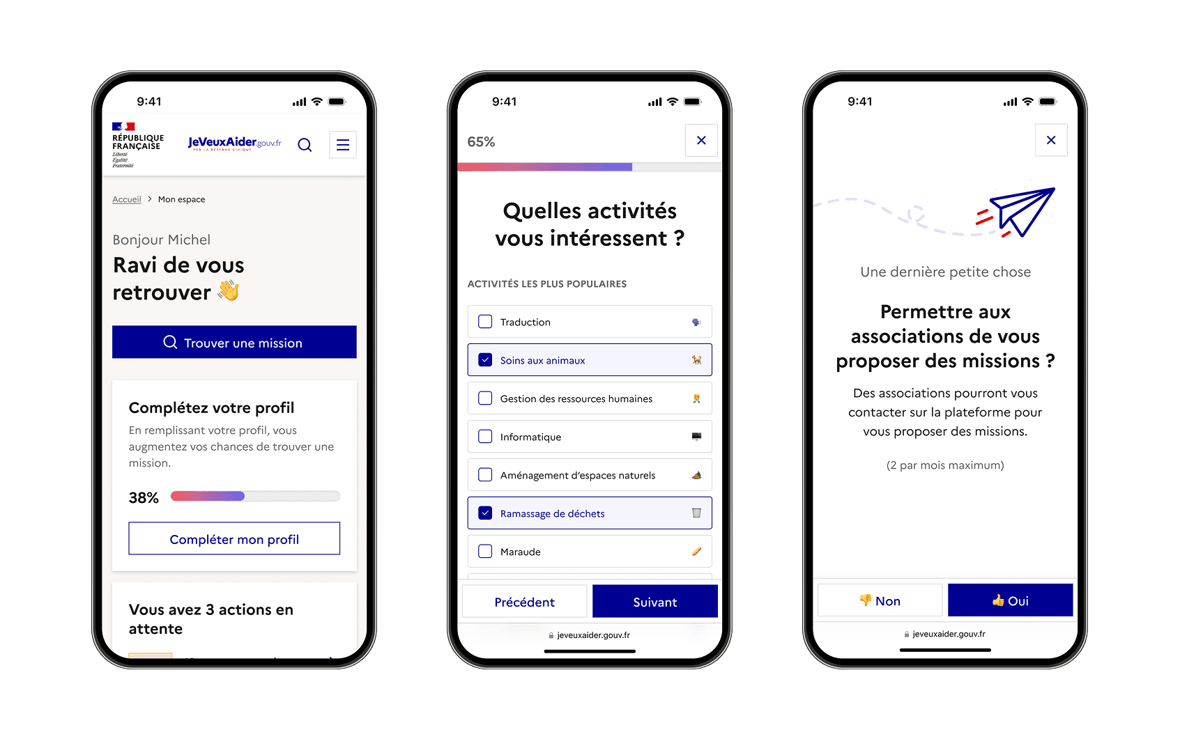 Volunteer dashboard with completion gauge and dedicated profile completion flow