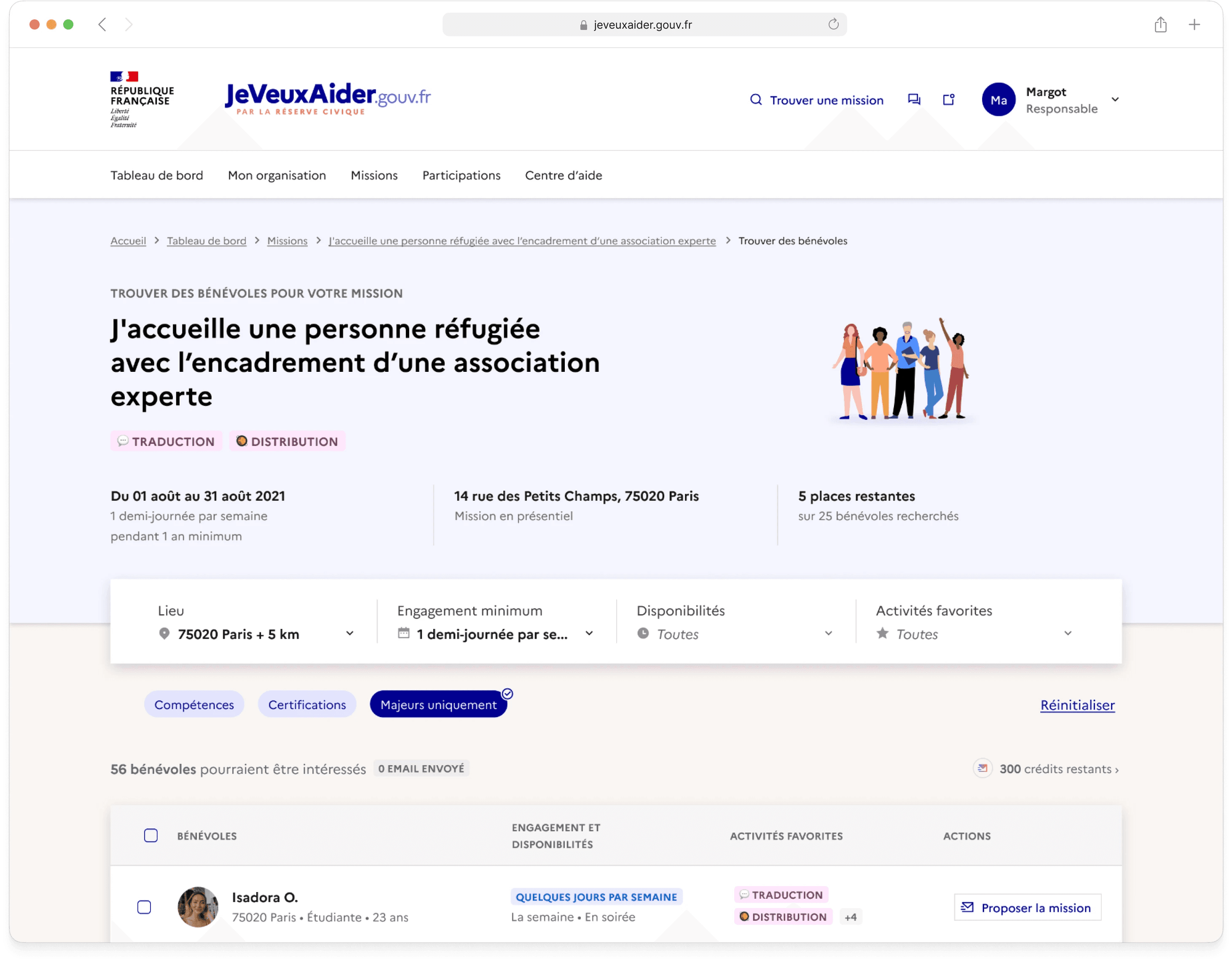 Association view for initiating a volunteer search for a specific mission