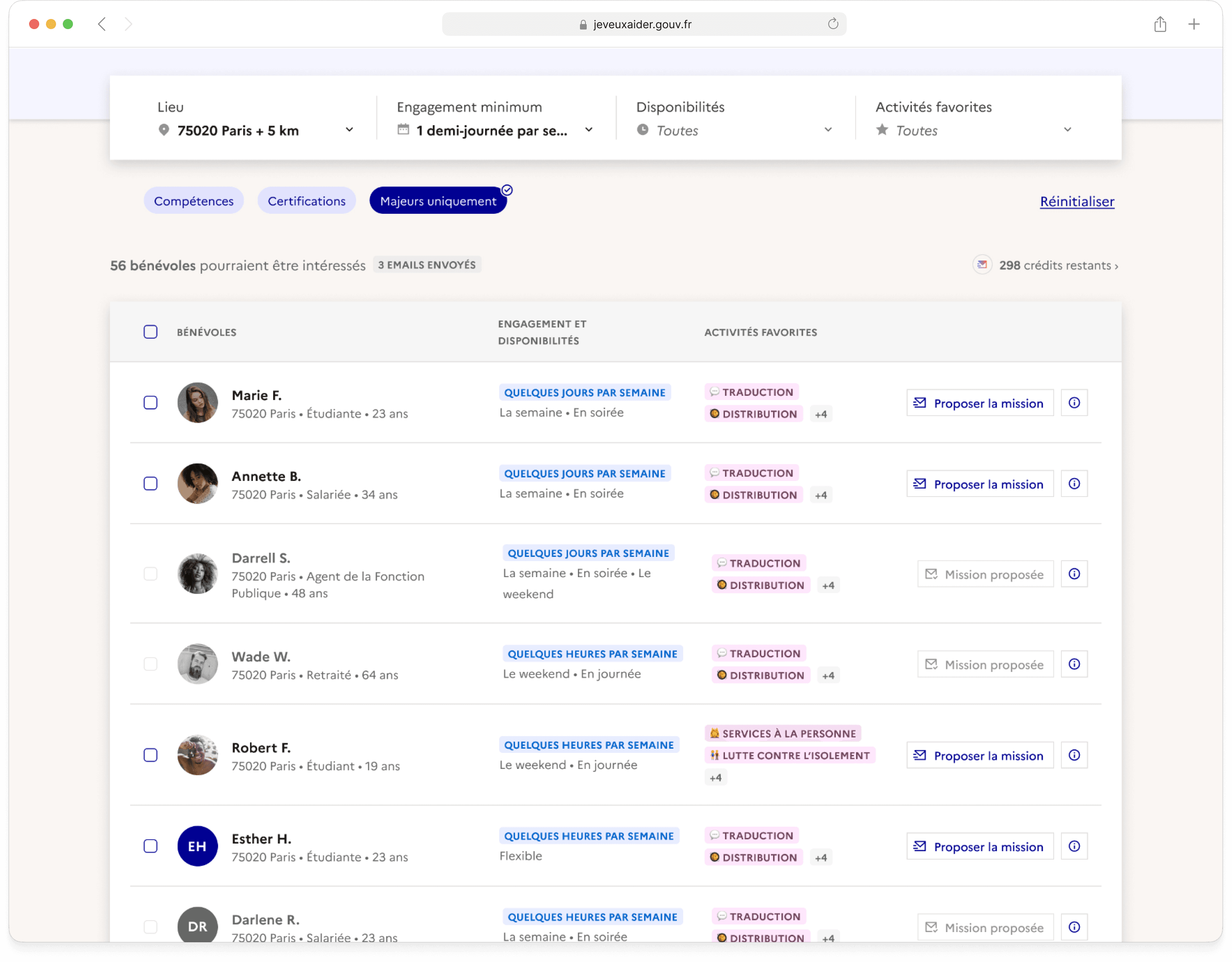 Volunteers list with skill and certification filters for targeted outreach