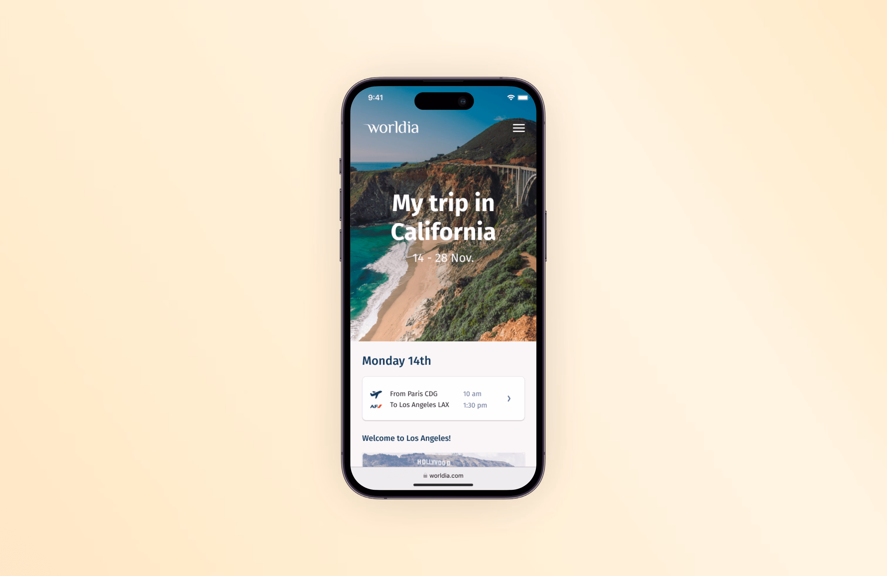 Worldia travel diary mobile app showing a trip to California with daily schedule